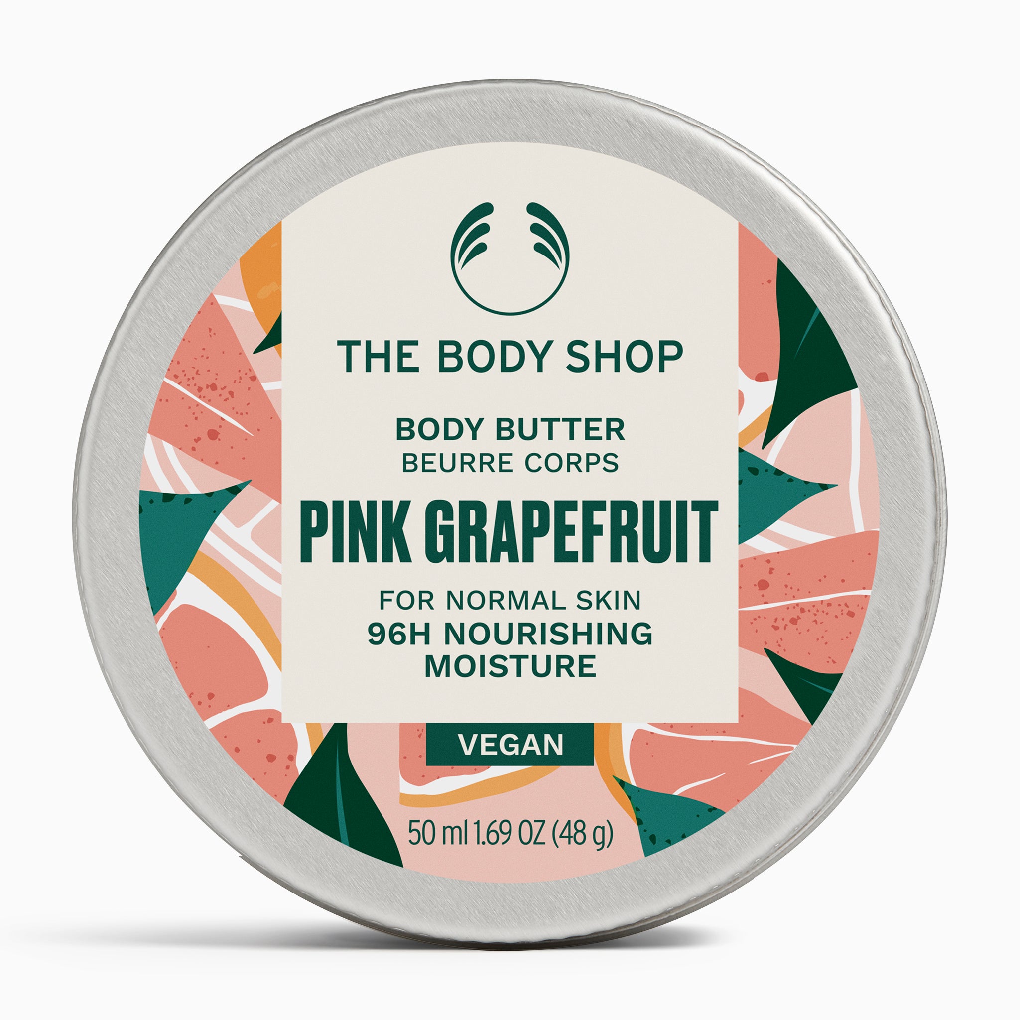 The Body Shop Pink Grapefruit body butter container on a white background